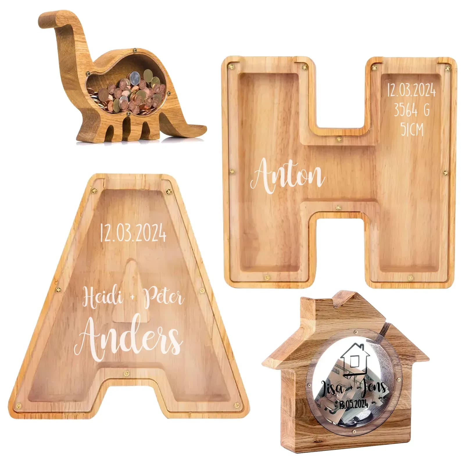 Buchstaben-Spardosen (A–Z): Spardosen in Buchstaben A–Z mit Plexiglas-Front. Gratis Sticker-Bogen & optionale Gravur machen jede Spardose zum persönlichen Unikat.